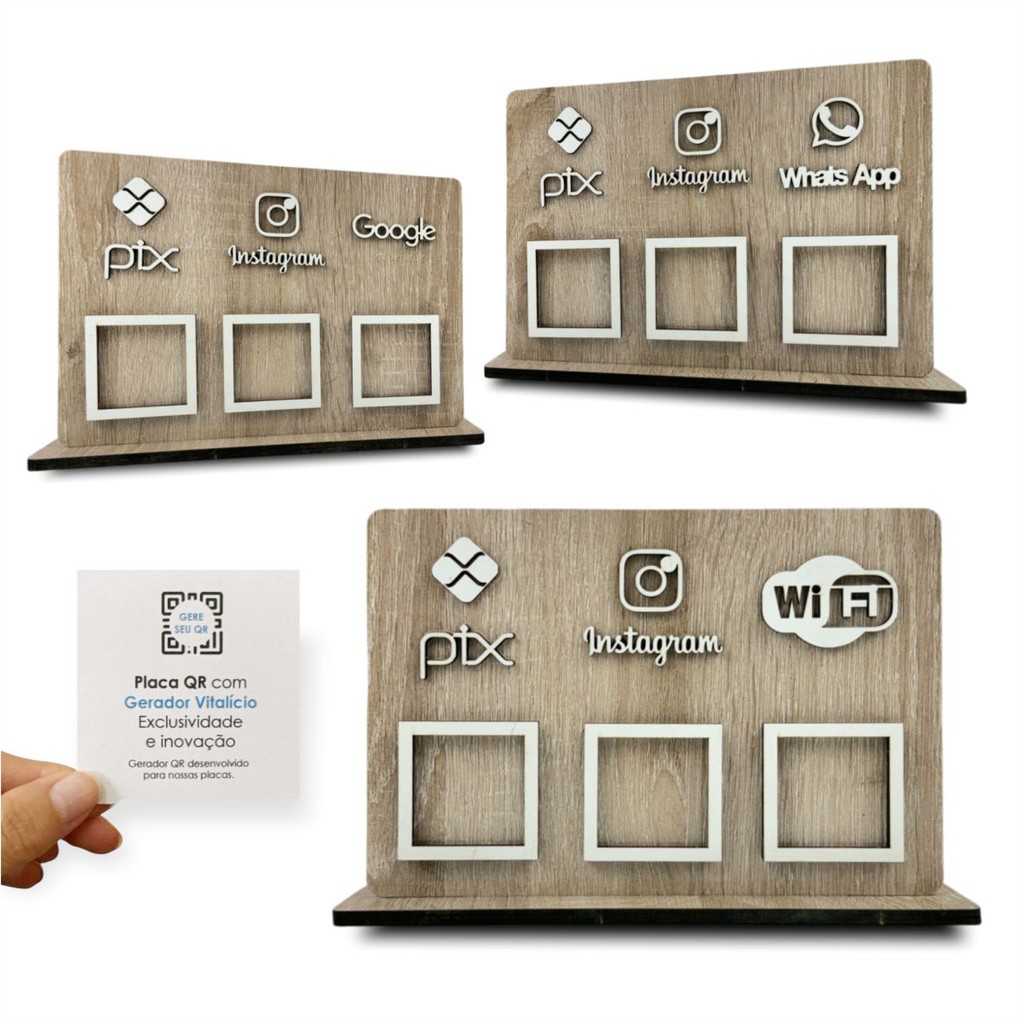 Placa 3 Qr Display Balcão Madeira Clara Pix Insta Whats WiFi