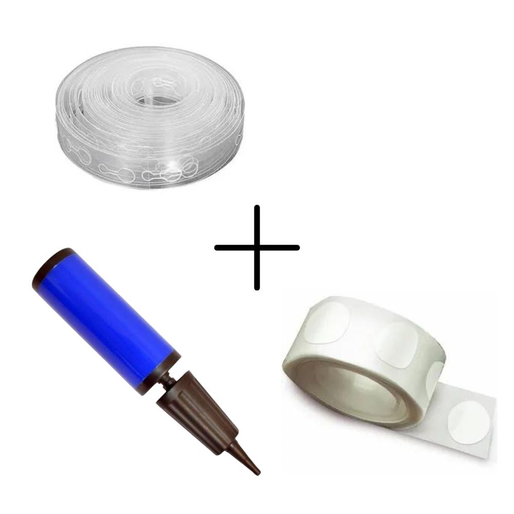 Kit 1 Fita p/ Arco Desconstruído 5M + 1 Adesivo 100 Pontos (1 rolo) + Bomba para Balão Bexiga