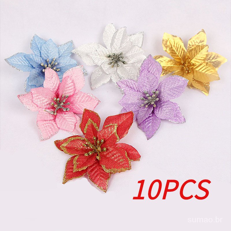 10 pcs, decoração artificial da flor do Natal, acessórios da grinalda do Natal, flores falsificadas do Natal dourado