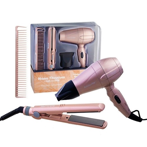 KIT MINI PRANCHA E MINI SECADOR NANO TITANIUM BABYLISS PRO