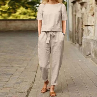 Conjunto De Algodão Feminino E Linho De Verão Com Blusa De Meia Manga De Pescoço O Calça De Perna Larga