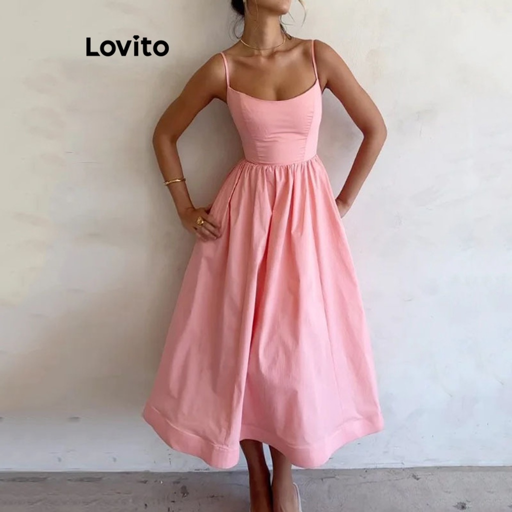 Lovito Vestido com Zíper Simples Elegante para Mulheres LNL35086 (Branco/Rosa/Azul)