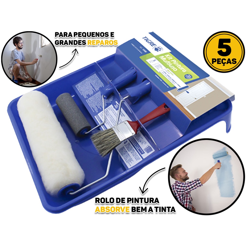 Kit 5 Peças Pintura E Reparo Teto Parede Multiuso Rolo Suporte Bandeja Pincel Rolinho Tigre Original em Oferta na Shopee