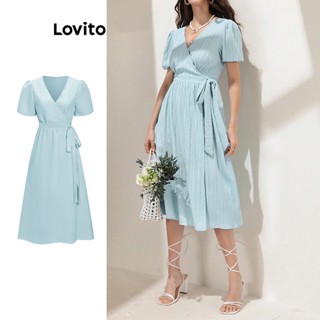 Lovito Casual Liso Vestido Feminino com Cordão de Amarrar L65ED141 (Azul Claro)