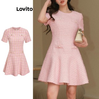 Lovito Casual Vestido Feminino Liso com Bolso Falso e Botão L67AD103 (Rosa)
