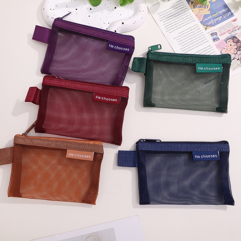Detalhes do Mini Bolsa De Malha Quadrada-Moedas Com Zíper Transparente De Nylon Vintage Portátil De Maquiagem Para Viagem Papelaria Estudantes
