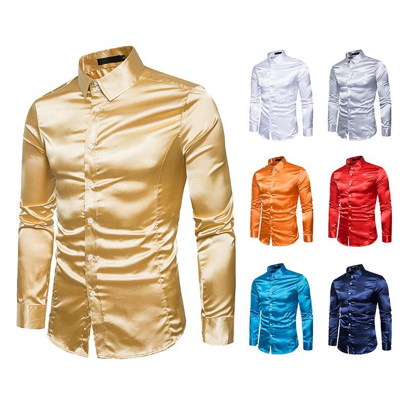 Outono Casual Camisa De Seda Para Homens Smoking Algodão Cetim Brilhante Ouro Casamento Slim Fit ZOAE Blusa Manga Longa