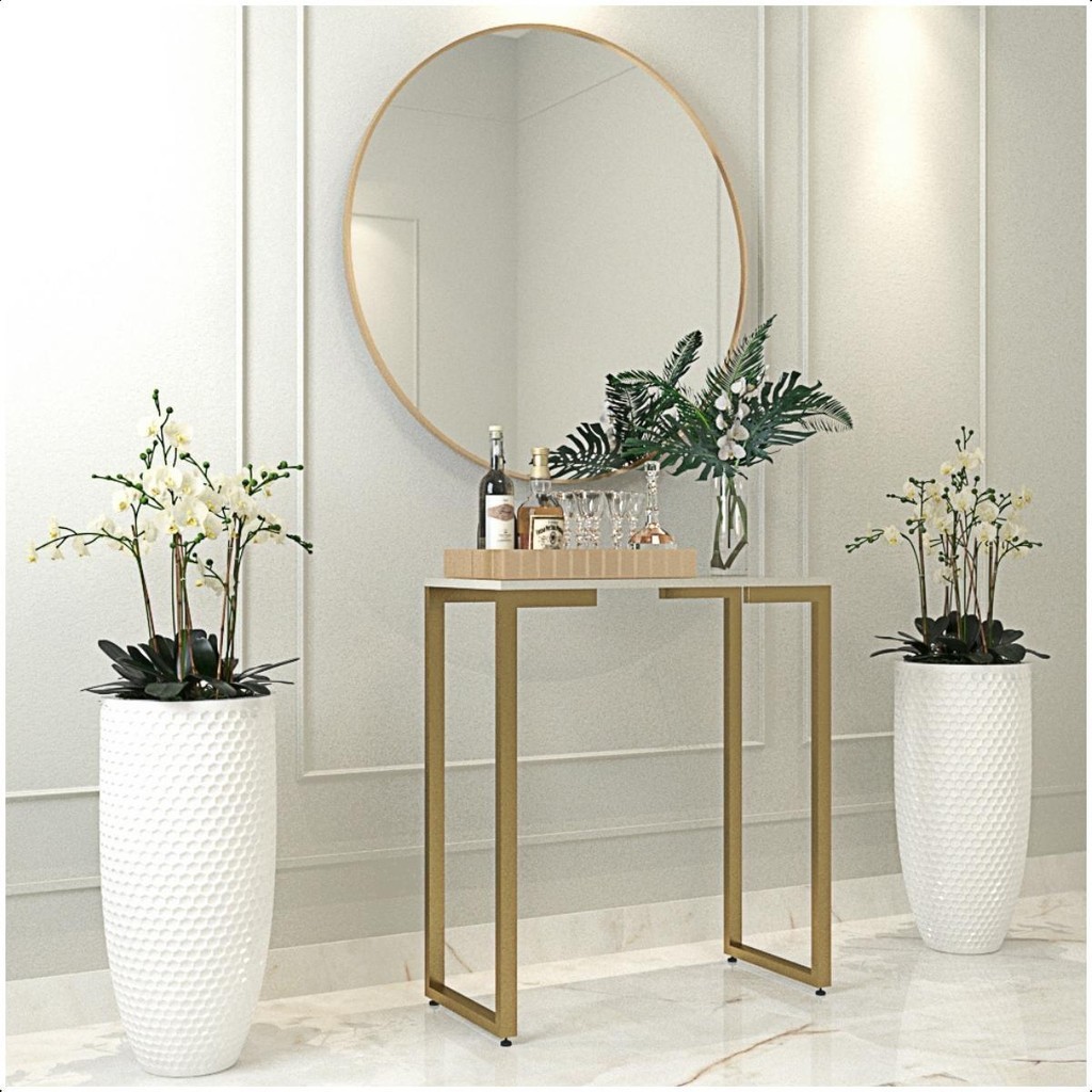 Mesa Buffet Balcão Aparador Industrial Pés Dourado 68X45X76