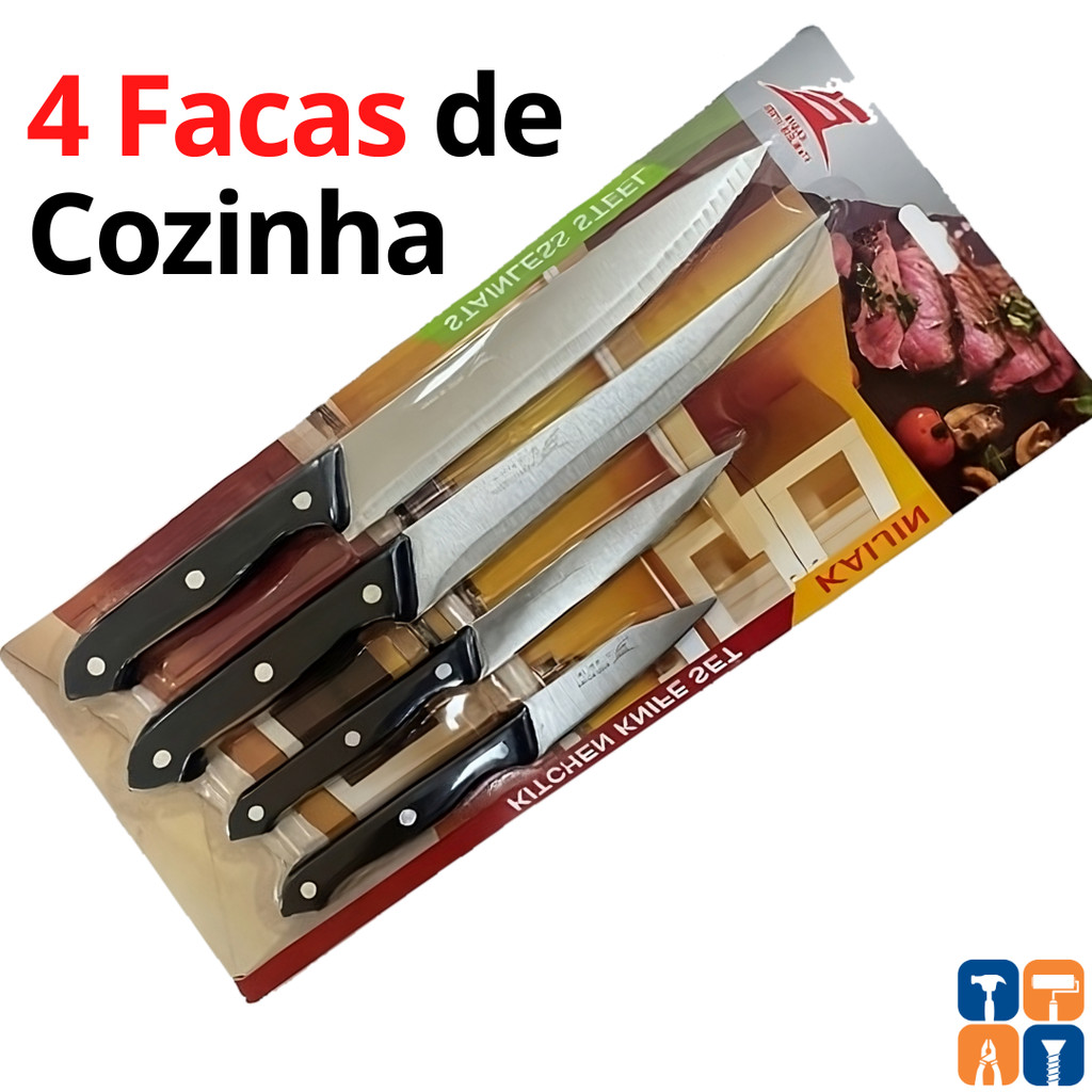 Jogo Kit de Faca Inox Cozinha Churrasco 4 Facas Vários Tamanhos Peixeira Afiada Completo Cabo Preto