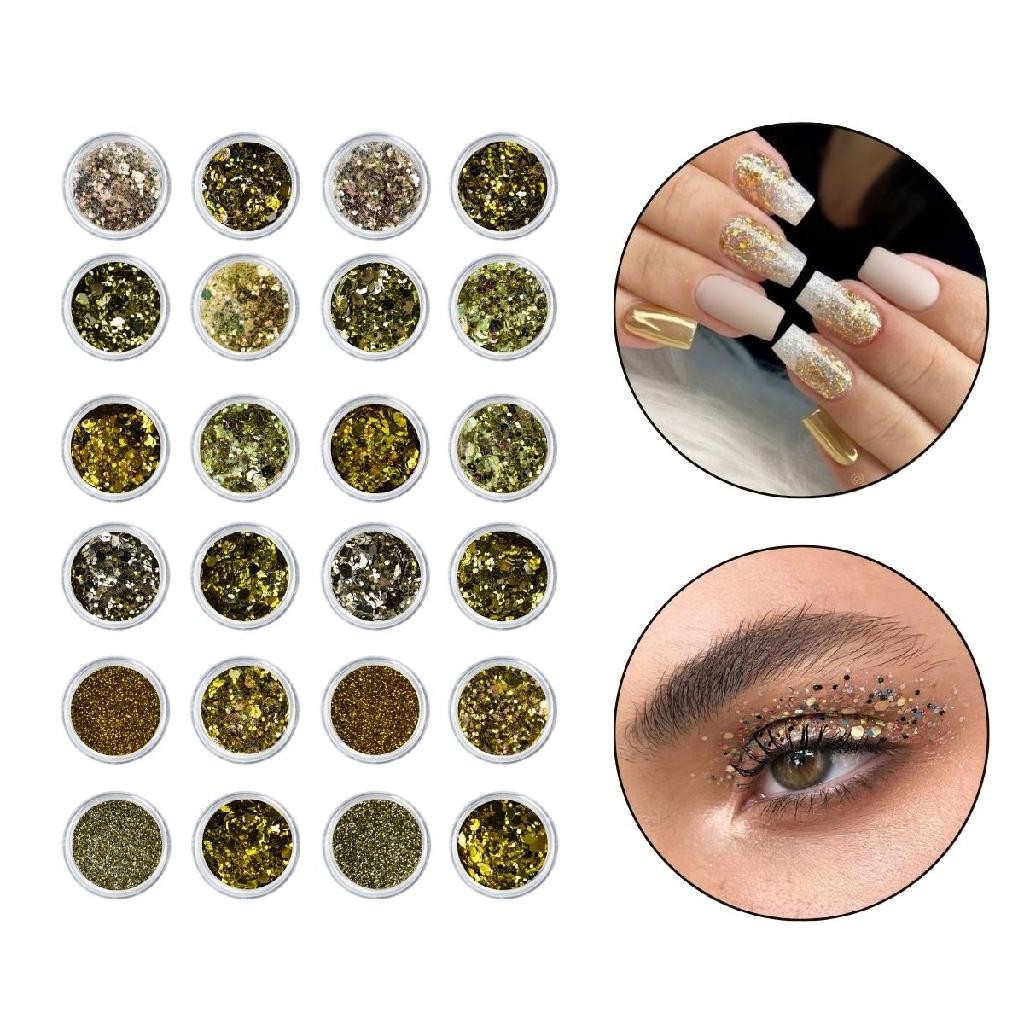 Kit 24 Glitter Decoração Unha Gel Nail Art Maquiagem Dourado Manicure Makeup Nail Designer Maquiador