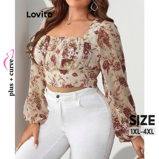 Lovito Blusa feminina com estampa floral vintage curva plus size LBL20366 em Oferta na Shopee