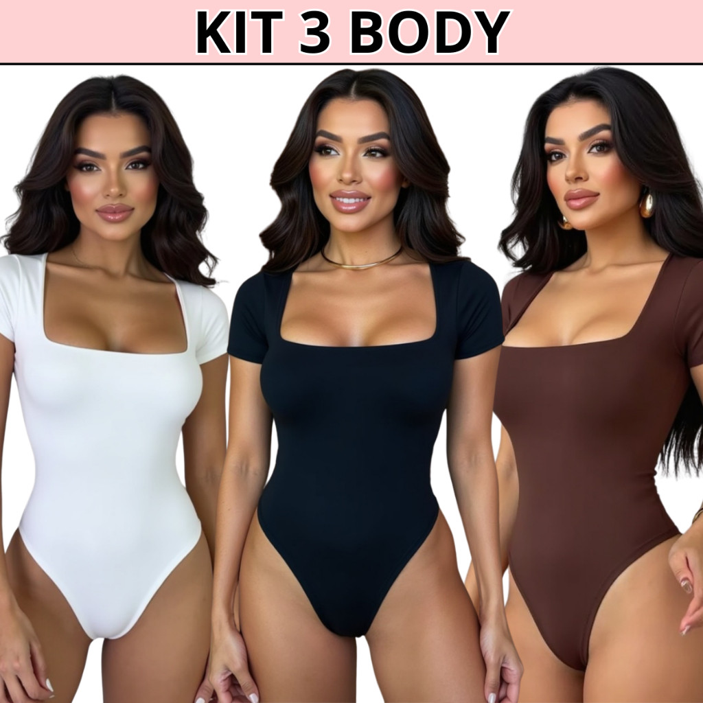 KIT 3 OU 1 UNIDADE  Body Feminino Manga Curta Decote Quadrado Suplex Manguinha Decotado Forro Duplo Tecido Premium em Oferta na Shopee