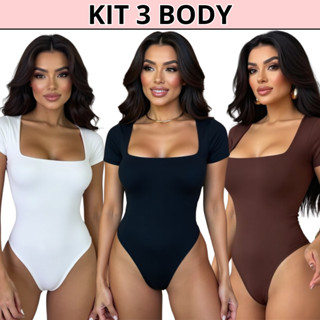 Kit 3 Body Feminino Manga Curta Decote Quadrado Suplex Manguinha Decotado Forro Duplo Teci...
