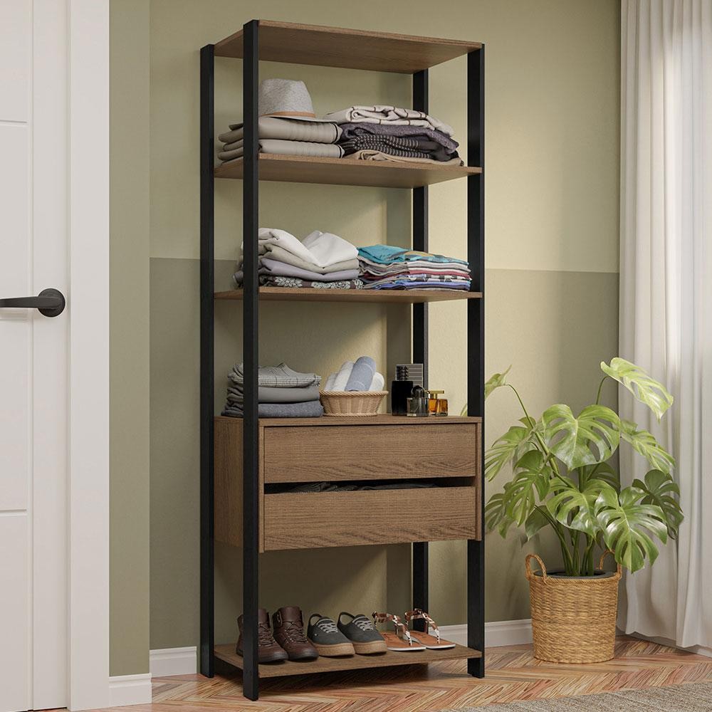 Guarda-Roupa Closet Modulado 2 Gavetas 4 Prateleiras 70cm Rustic/Preto Valencia Madesa