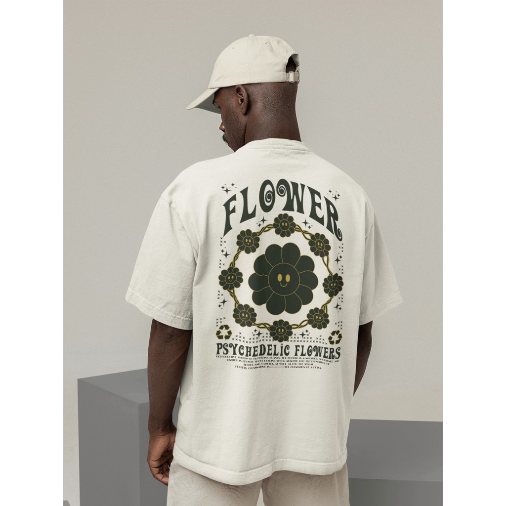 Camisa Camiseta Oversized Gola Alta Streetwear Masculino e Feminino 100% Algodão Preto e Off Whte Estampado - FLOWER