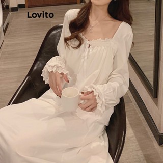 Lovito Camisola Longa De Renda Lisa Para Dormir Para Mulheres LNA27268 (Branco)