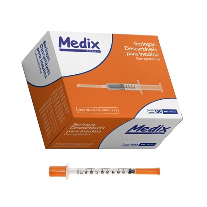 Seringa Insulina 1ml Com Agulha 8x0,3mm Medix 100 Unidades