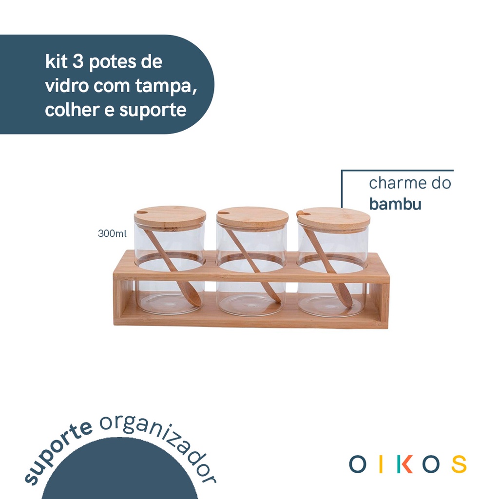Detalhes do Kit 3 potes de vidro 300ml com tampa, colher e suporte de bambu - Oikos