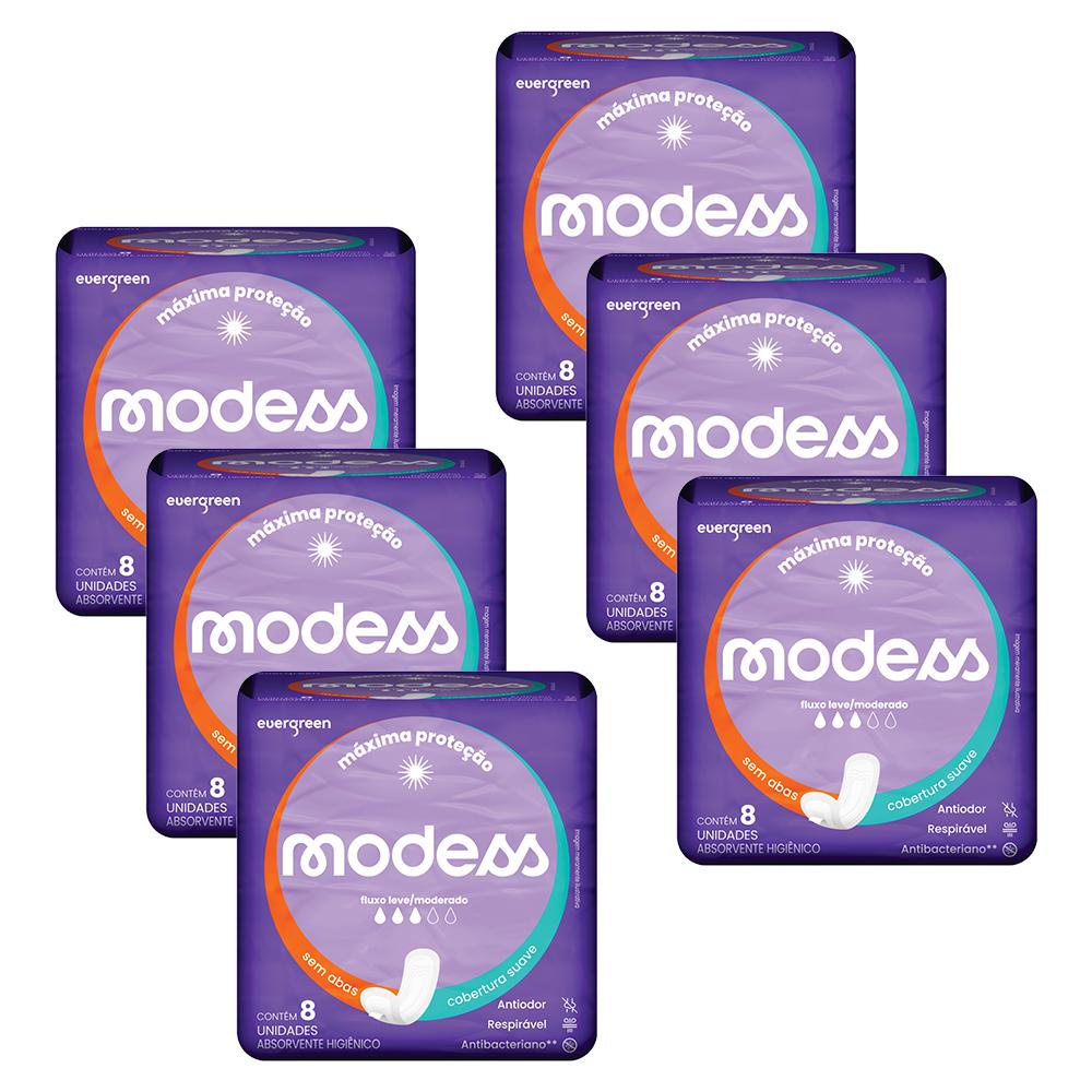 Kit 6 Absorventes Modess Malha Suave sem Abas 8un cada em Oferta na Shopee