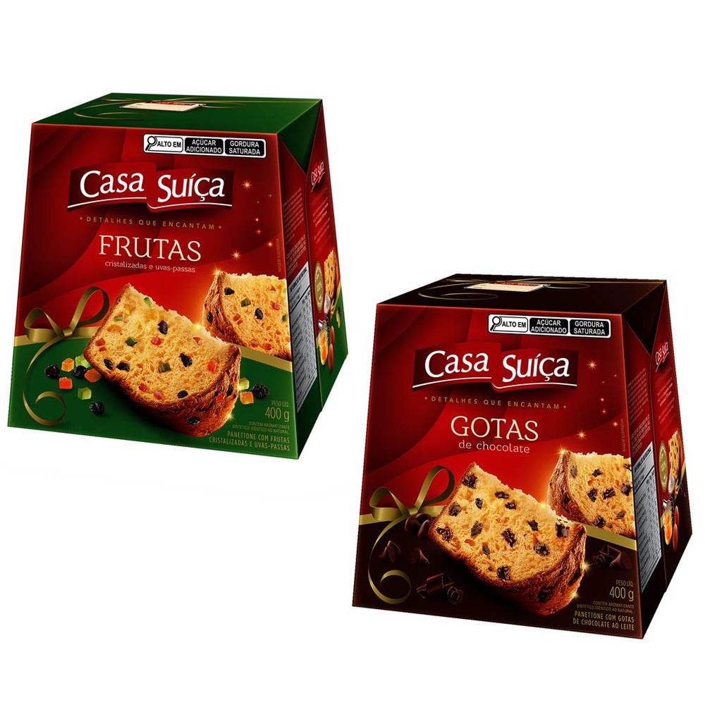Kit com 2 Panetones Natal Gotas de Chocolate ou Frutas 400g Escolha o seu preferido! - Casa Suíça
