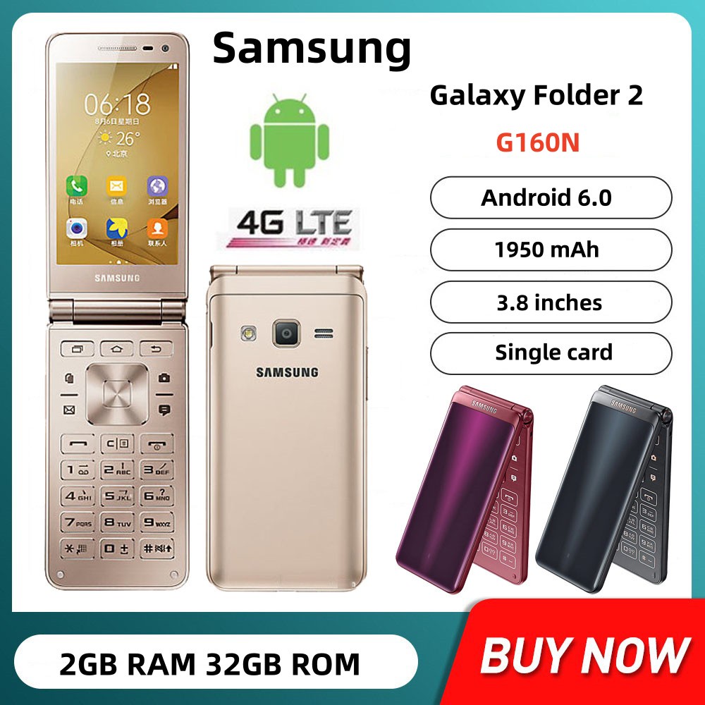 Samsung Galaxy Folder 2 G160N Quad Core 2GB RAM 32GB ROM 8MP Câmera 4G LTE WIFI Cartão Único Flip Android Smartphone Para Telefone Celular