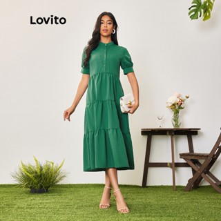 Lovito Casual Vestido Feminino Liso com Botão LBA05107 (Verde)