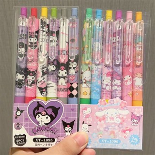6Pcs Cartoon Sanrio Series Caneta De Teste De Escova Para Estudantes De Alto Valor De Cor Kawaii Hellokitty Kuromi Black Press Gel