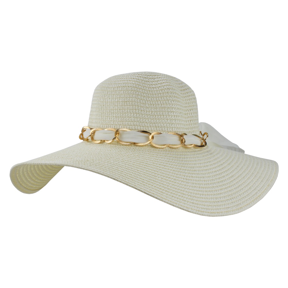 Chapéu Bege Floppy Feminino Aba Grande De Palha Com Corrente Dourada Elegante Para Praia, Piscina, Cruzeiro, Viagens, Passeios Ao Ar Livre - Primavera Verão