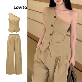 Lovito Casual Conjunto Feminino Liso Assimétrico de Ombro Único com Calça com Botão L70AD144 (Conjunto/Colete/Calça)