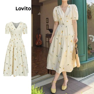 Lovito Casual Vestido Feminino Floral com Babados L71ED267 (Damasco)