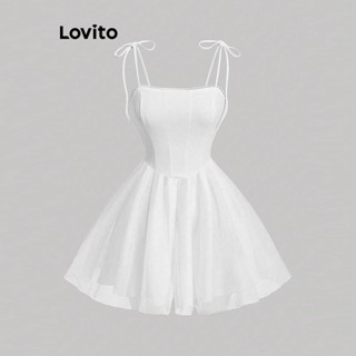 Lovito Casual Vestido Feminino Liso Amarrado com Camadas e Costura no Tecido L68ED301 (Branco)