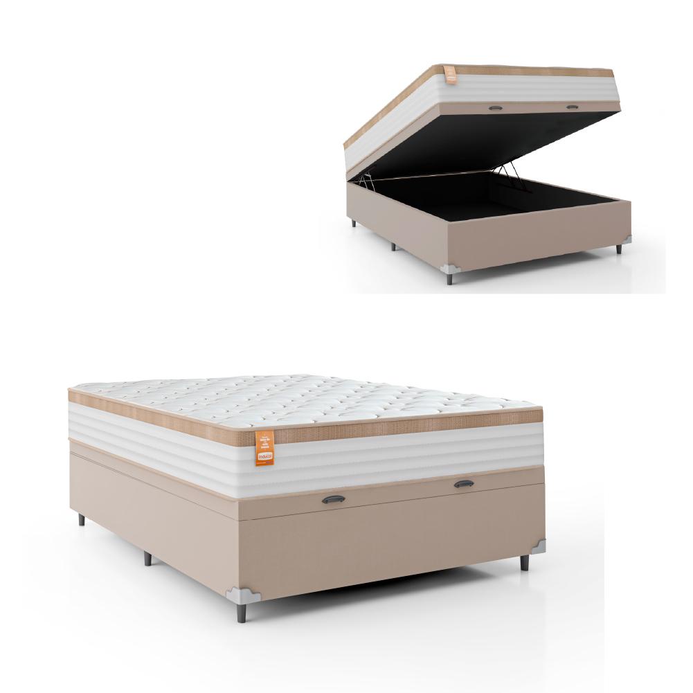 Cama Box Baú Casal Colchão Molas Ensacadas Real 138x188x68cm Branco / Bege - Suporta até 130Kg Por P em Oferta na Shopee