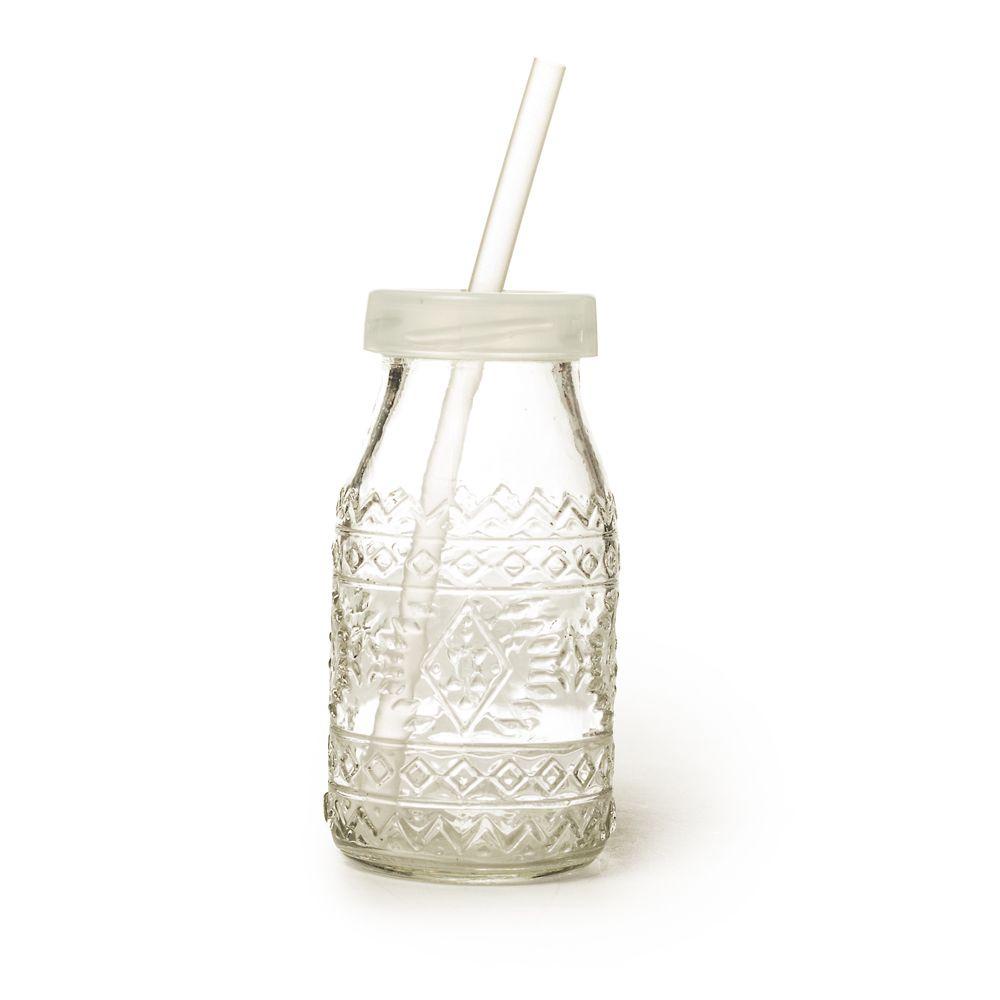 Garrafinha Detalhe Étnica 260ml de Vidro Transparente Tampa Canudo para Sucos e Refrescos