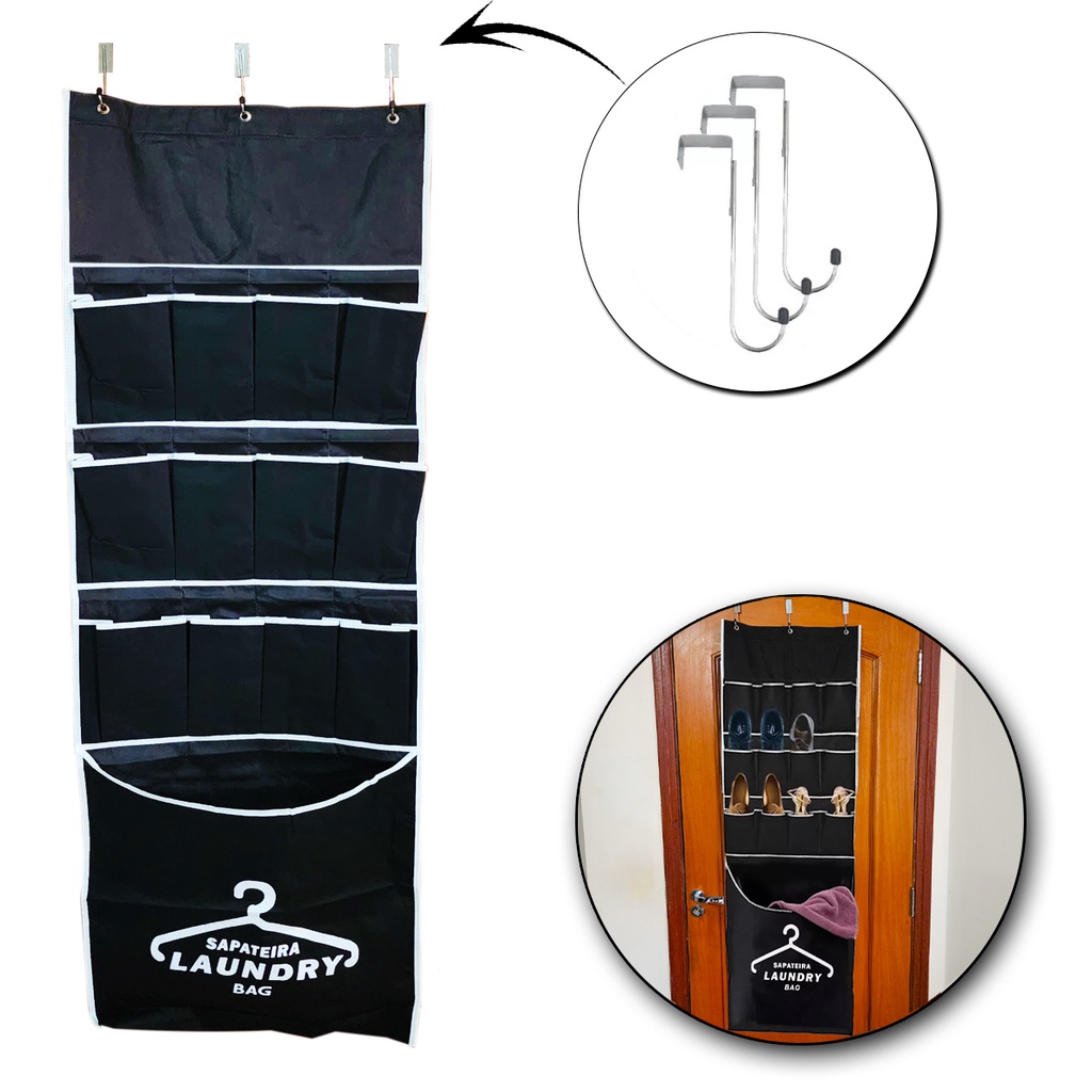 Sapateira de Porta com Cesto 12 Divisórias 6 Pares Parede Closet Tnt Preta