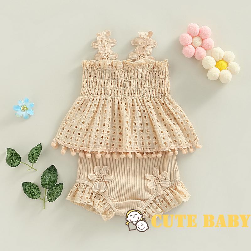 Conjunto de Verão para Infantil Bebês Meninas, Regata e Shorts Plissados ​​com Recorte Sólido,0-18 Meses em Oferta na Shopee