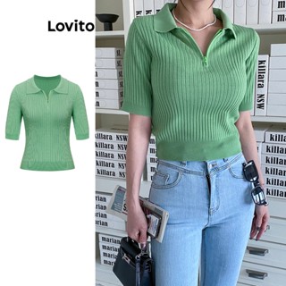 Lovito Tops Casuais De Malha Polo Com Zíper Liso Para Mulheres L77ED079