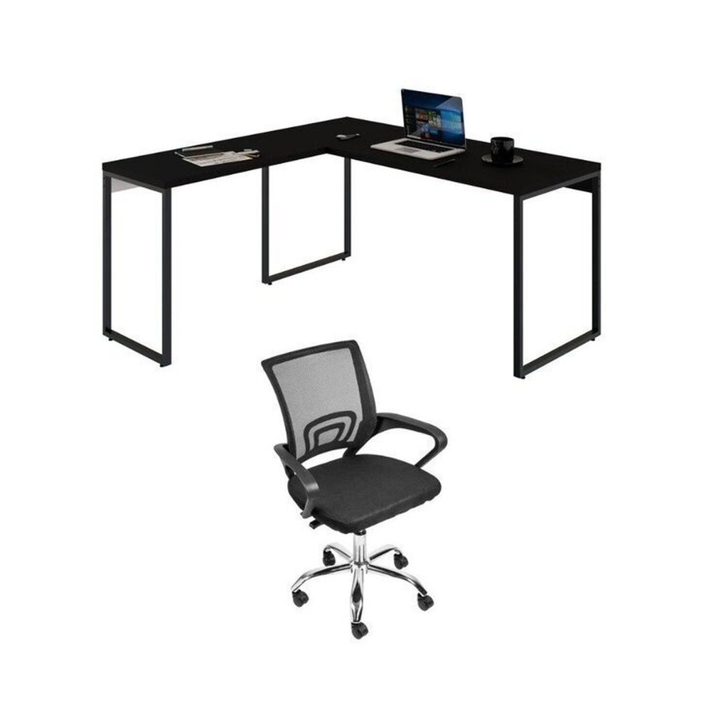Kit 2 Peças com Mesa para Escritorio em L Industrial 150cm Kuadra e Cadeira de Escritório Diretor Tok Preto Onix