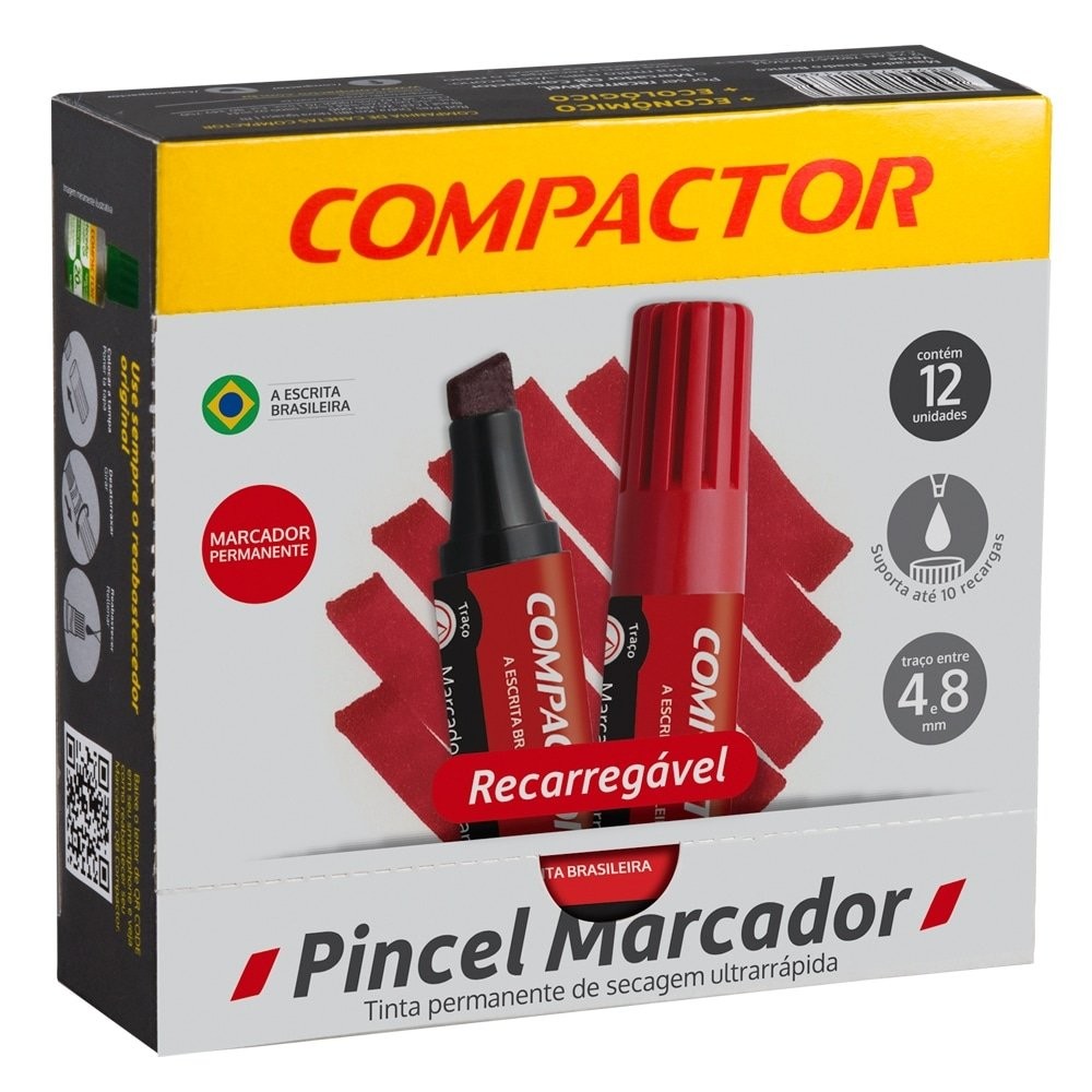 Marcador Permanente Compactor Vermelho - Embalagem com 12 Unidades
