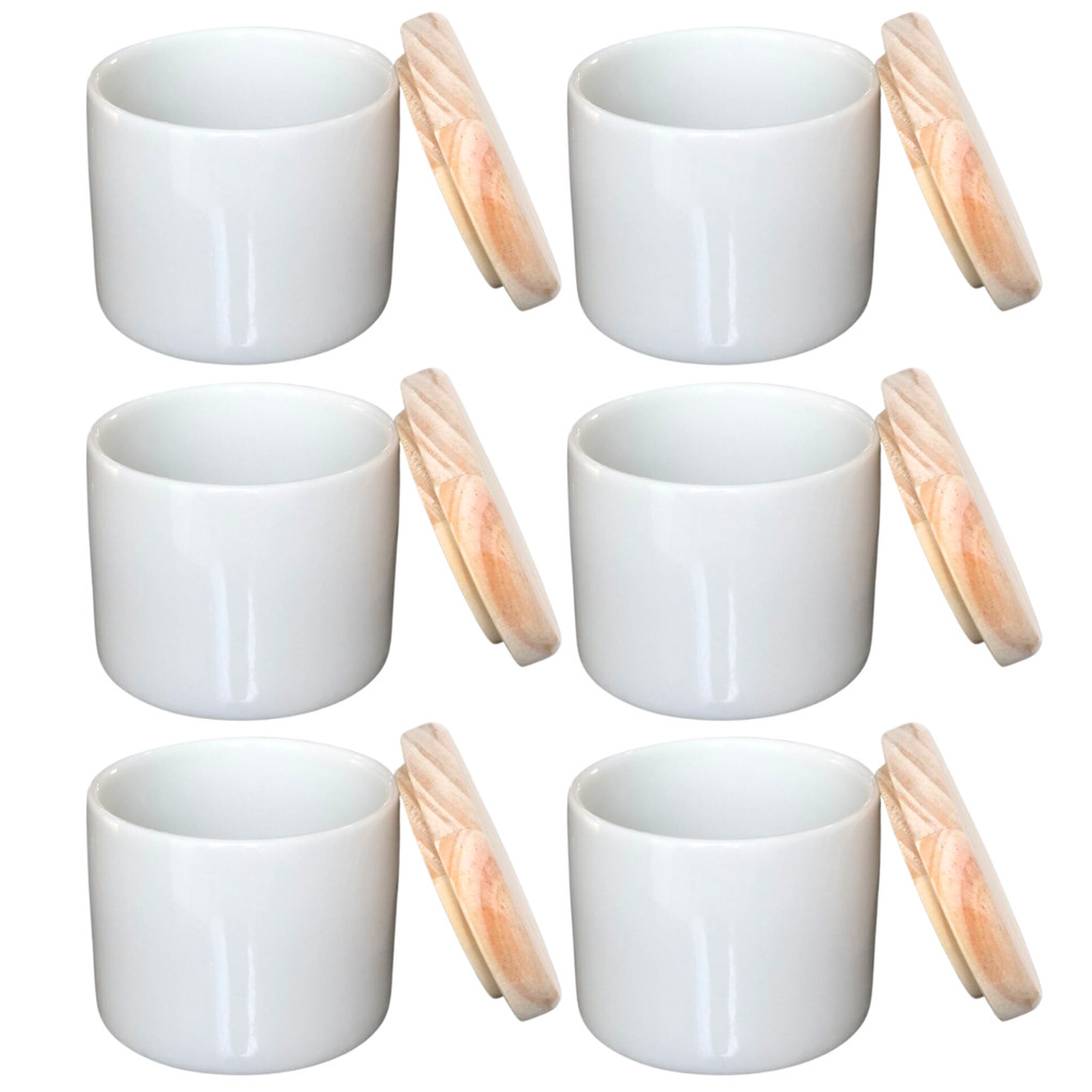 Kit 6 Porta Treco / Condimentos / Mantimentos 200ml - Potes Porcelana Tampa Pinus