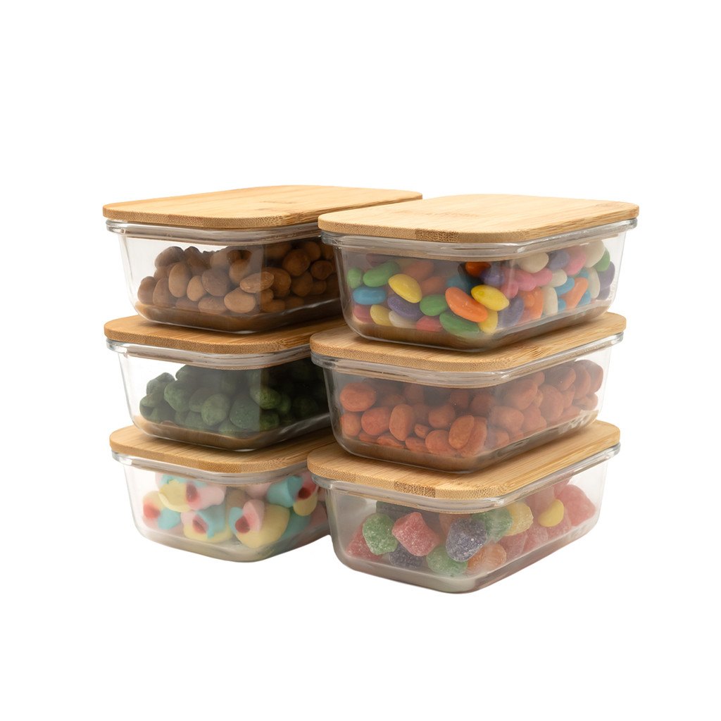 kit 6 potes de vidro 600ml com tampa de bambu hermético retangulares - Tud em Oferta na Shopee