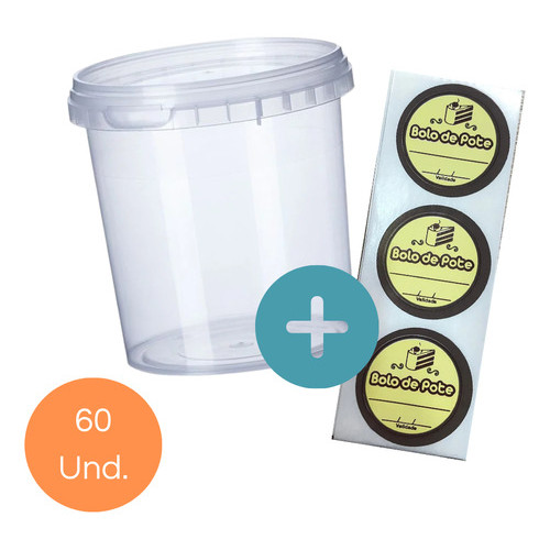 60 Pote com Lacre 500ml + Etiqueta Adesiva para Bolo de Pote