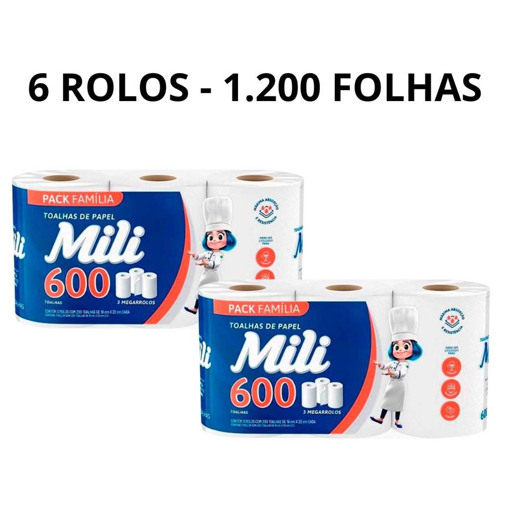 Kit 2 Pacotes Papel Toalha Branco 19 x 22 cm 1200 folhas 1214 Mili - 6 Rolos