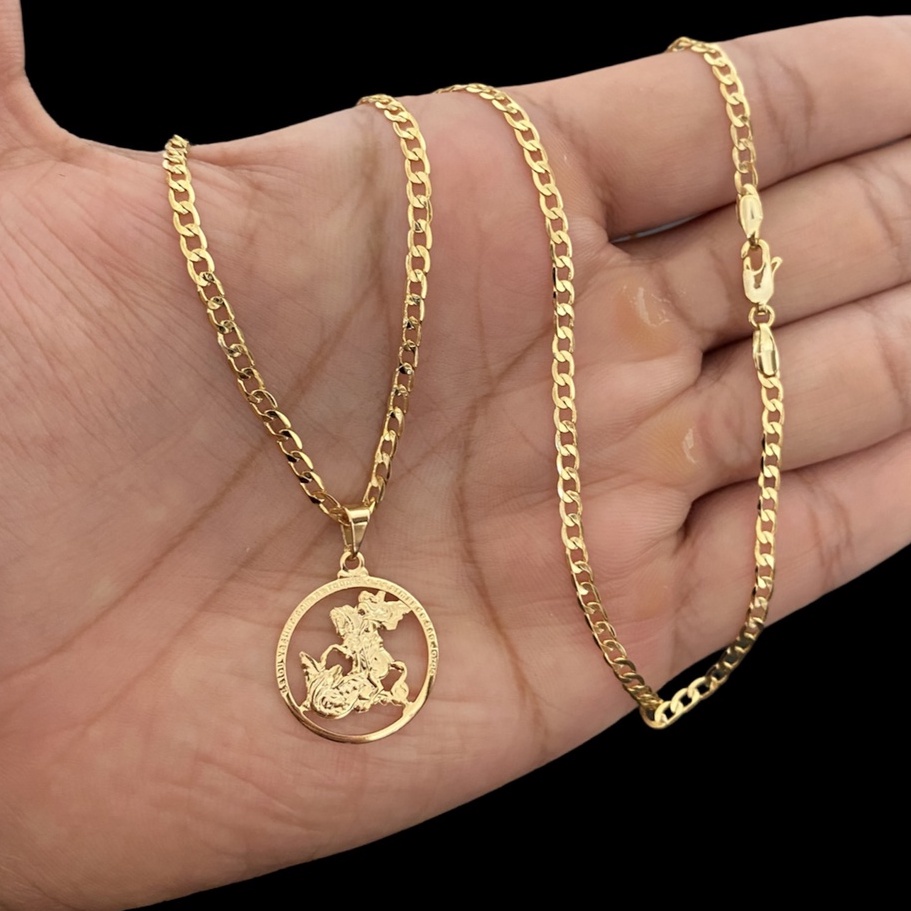 Corrente Correntinha Masculino Grumet + Pingente São Jorge  a ouro 18k Cordão Fino Banhado / Ouro 18k / Super Premium /