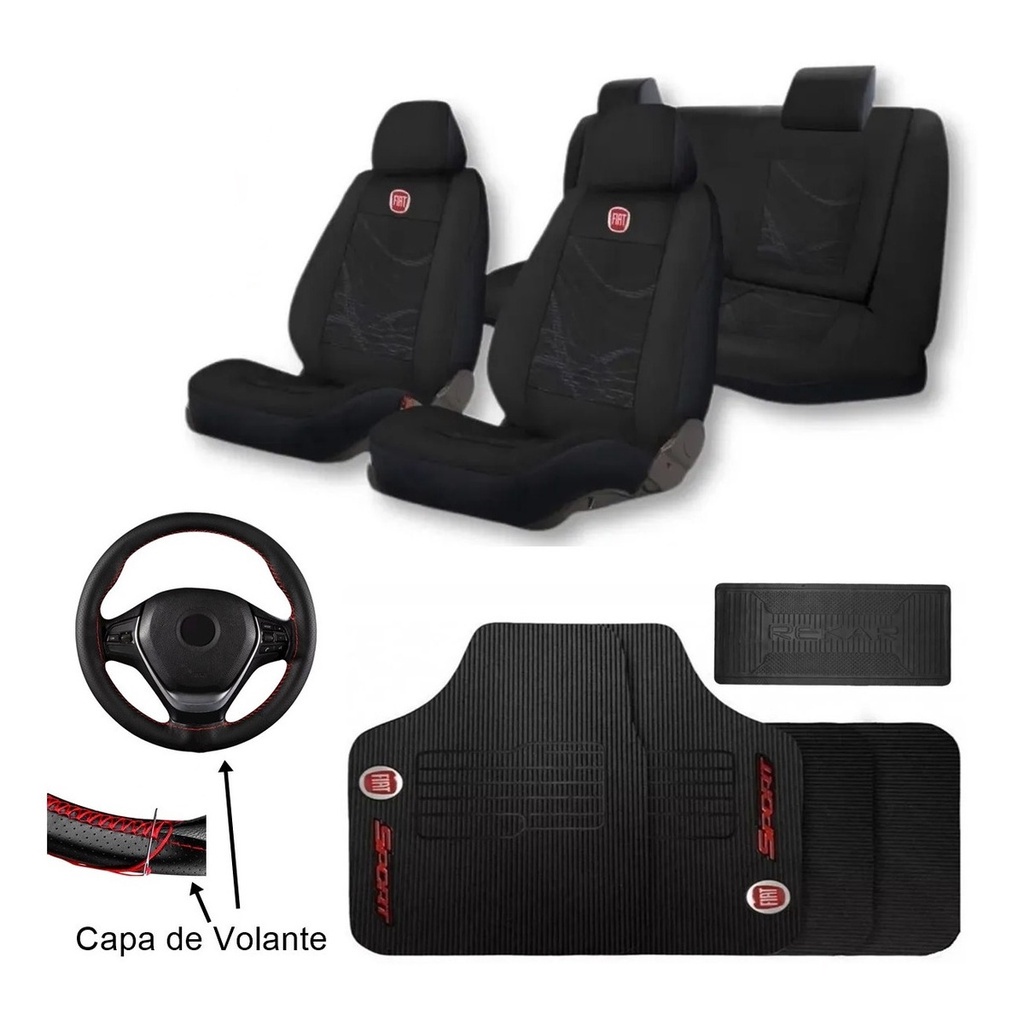 Kit Capa Banco Carro Tecido + Tapete 5 Pcs + Volante Couro