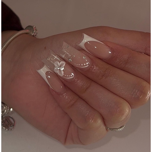 24 Peças unhas postiças decoradas realista longa pregos falsos T naturais floral com cola