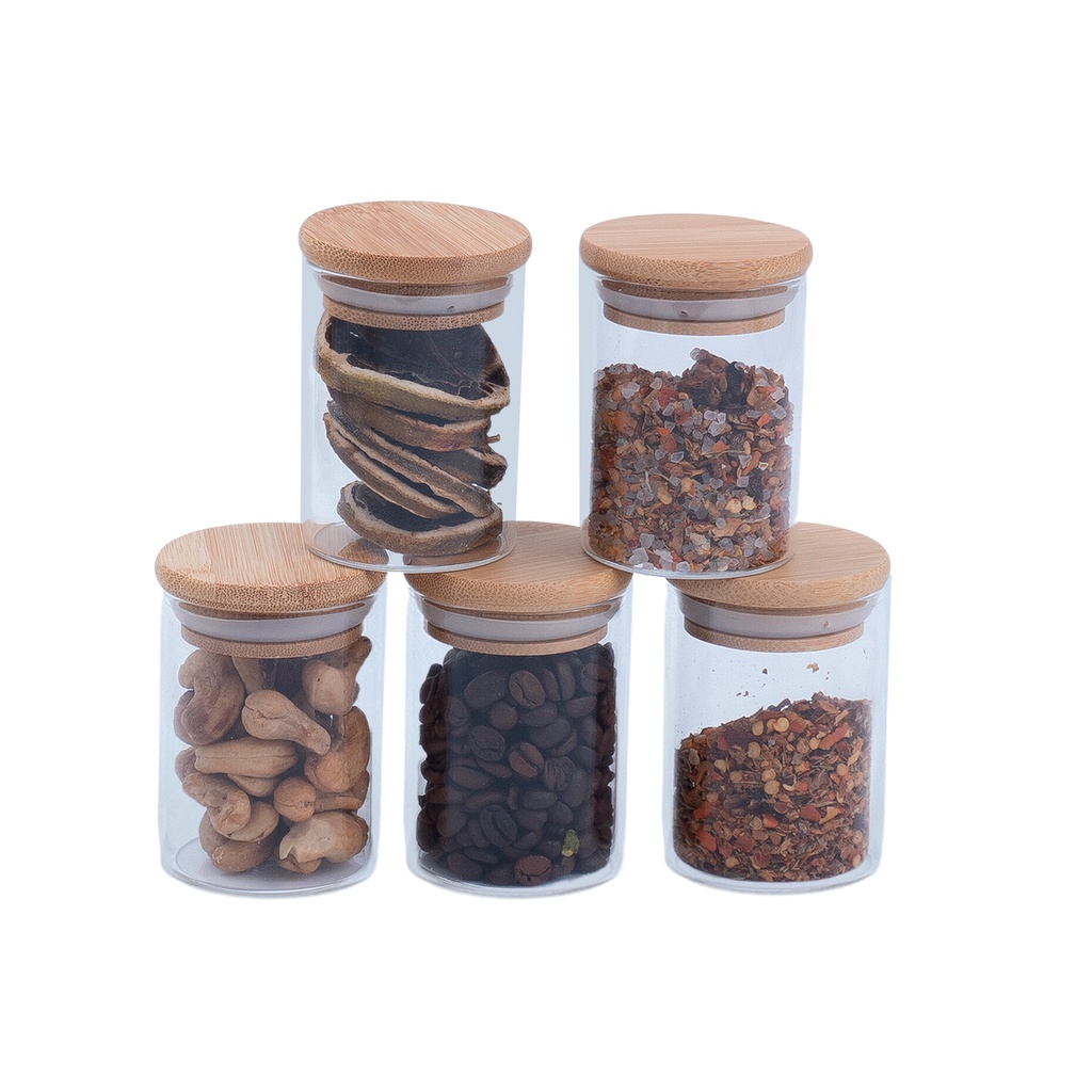Kit 5 potes de vidro herméticos com tampa de bambu 110ml - Oikos em Oferta na Shopee