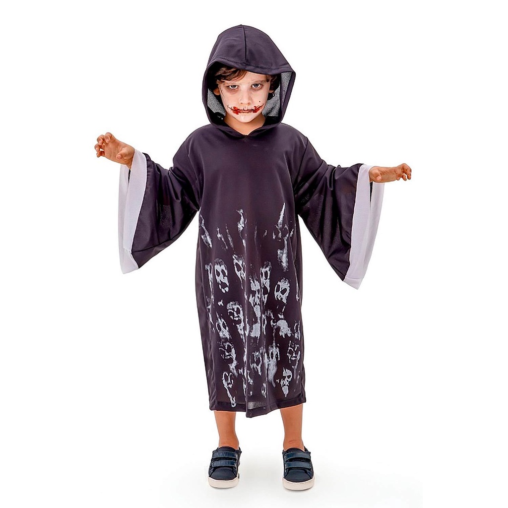 Fantasia Infantil Halloween Tunica Preta Com Capuz e Caveiras em Oferta na Shopee