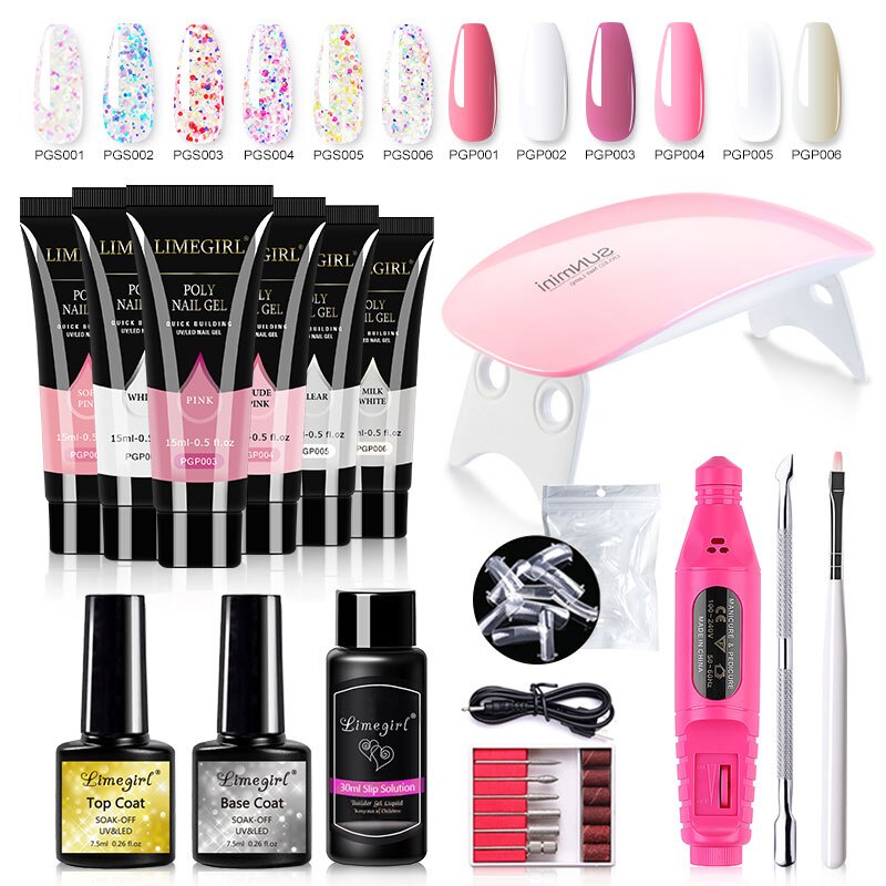 Limegirl 9 Pçs / Set Poli Kit De Gel De Unhas Com Lâmpada Uv Para Conjunto De Extensão Da Broca Do Prego Manicure Acrílico Híbrido Uv Gel Polonês Arte Verniz Conjunto Estender Dedo