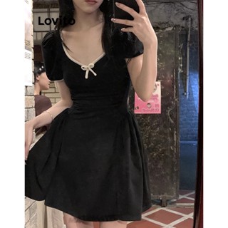 Lovito Vestido Casual Lisa com Laço para Mulheres LNE21168 (Preto)
