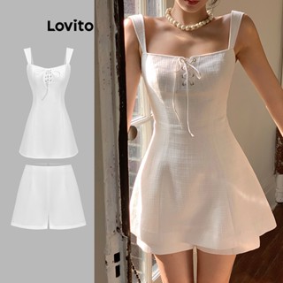 Lovito Casual Conjunto Feminino Liso de Shorts Amarrado com Costas Abertas L71ED115 (Conjunto Branco/Blusa Branca/Shorts Branco/Conjunto Rosa/Blusa Rosa/Shorts Rosa)